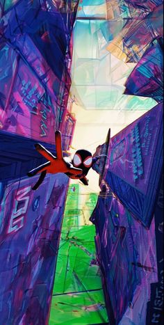 a spider man flying through the air in front of purple and green buildings with graffiti on them
