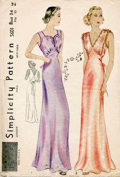 1930s glamorous negligee/ gown with beautiful lingerie details. circa late 1930s; Nightgown Style I has a shaped neckline and contrasting Couture, 1930s Nightgown, Lingerie Sewing Pattern, Lingerie Patterns, Lingerie Vintage, Motif Vintage, Sewing Lingerie, Vintage Nightgown, Gown Pattern