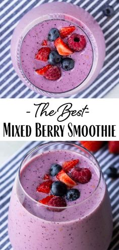 the best mixed berry smoothie in a glass with strawberries and blueberries