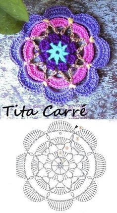 a crocheted flower with the words tita carre written in front of it