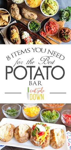 the potato bar is ready to be served with other foods and condiments on it