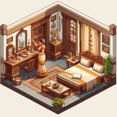 an image of a woman standing in the middle of a room that has furniture and decor on it