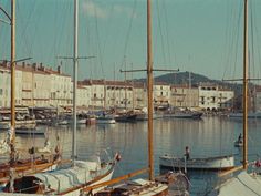 several sailboats are docked in the water near some buildings and hills on either side