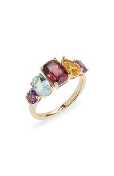 A rich rainbow of mixed stones arcs across this dreamy statement ring crafted from polished 14-karat gold. 1/4"W x X1"L setting 14k gold/rhodolite/aquamarine/citrine/amethyst Imported Ring Crafts, Bony Levy, Gold Statement Ring, Favorite Rings, Amethyst Ring, Womens Jewelry Rings, Statement Ring, Jewelry Branding, Aquamarine
