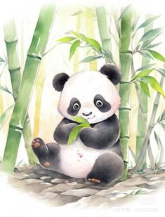 a painting of a panda bear eating bamboo