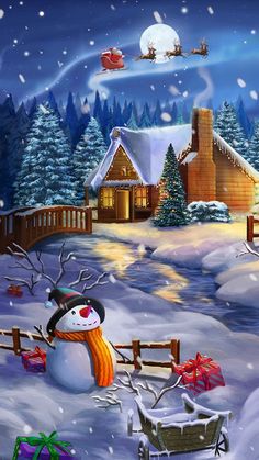 a christmas scene with a snowman and sleigh