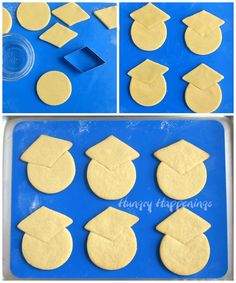 the process for making cookies is being made with cookie dough and then cut into shapes