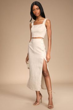 Beige Midi Skirt - High Waisted Linen Skirt - Side Button Skirt - Lulus Midi Skirt Set Outfit, Linen Skirt Co Ord Set, Linen Two Piece Set Skirt, Yacht Outfit Women Classy Party, Linen Midi Skirt Outfit Summer, Summer Skirt And Top Set, White Linen Midi Skirt, Midi Skirt And Top Set, Midi Skirt Linen