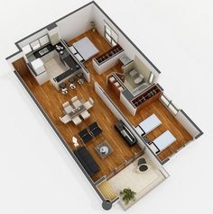 an overhead view of a two bedroom, one bath apartment with living room and kitchen