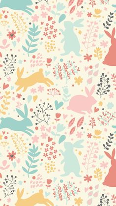 an image of rabbits and flowers on a white background with pink, blue, yellow and green