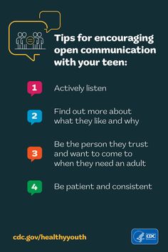 Parents & caregivers can promote healthier and safer experiences by making a habit of knowing about their children’s lives and connecting with them through regular check-ins. Open communication between parents/caregivers and their teens can help strengthen relationships. It can also reduce their risk for poor mental health & other health risks. Click to find tips for starting the conversation & making it a normal part of your family’s daily activities. #HealthyYouth #HealthyTeens #Parents Daily Activities