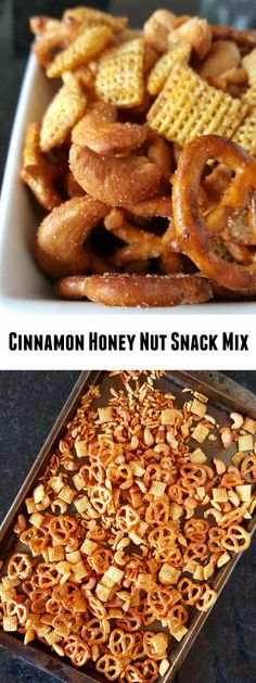 cinnamon honey nut snack mix in a pan