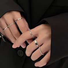 Material: Alloy Color: Silver Six-Piece Ring Set Fashion Element: Metal, Geometry Style: Net red wind Tomboy Jewelry Accessories, Hot Hands With Rings, Stacked Silver Jewelry, Tomboy Rings, Tomboy Jewelry, Silver Rings Stack, Colares Aesthetic, Cute Silver Rings, Ring Arrangement
