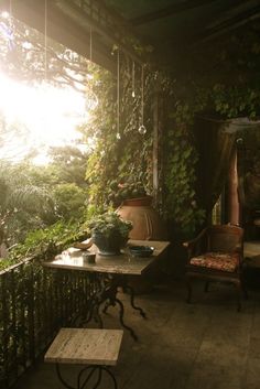 an image of a porch with plants on the wall and furniture in the sunbeam