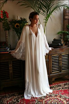 Satin Bridal Robe Lace Trimmed Angel Sleeve Wedding Sleepwear Wedding Kimono, Wedding Kimono Robe, Wedding Sleepwear, Bridal Robe Lace, Satin Bridal Robe, Lingerie Satin, Lingerie Vintage, Sleeved Wedding, Lingerie Shoot