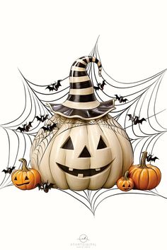 halloween pumpkins with jack - o'- lantern hats and spider web on them