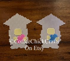 two cross stitch houses with the words one chic on etsy