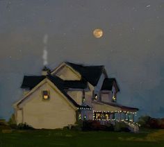a painting of a white house with lights on it's windows and the moon in the sky