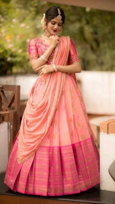 Shiny Lehenga, South Indian Bridesmaids Outfits, Frock Poses, South Indian Bridesmaids, Indian Bridesmaids Outfits, Marriage Outfit, Studio 149, Pink Half Sarees, Pattu Lehenga