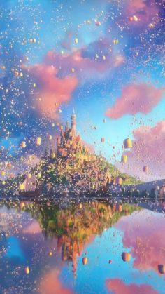an image of a castle in the sky with balloons floating around it and clouds reflected in the water