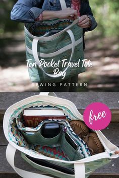 an image of a woman carrying her purse with the text ten pocket travel tote bag sewing pattern