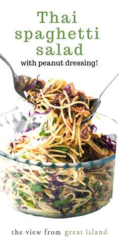 spaghetti salad with peanut dressing in a glass bowl