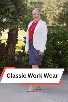 A dress to impress outfit for your day at the office. A navy print pencil skirt, red top and white blazer create a timeless outfit for work. White Blazer Outfits, Winter Work Wear, Fall Workwear, Outfit For Work, Red Trousers, Cute Work Outfits, Timeless Outfits, Print Pencil Skirt, Spring Work Outfits