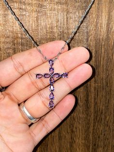 Beautiful large purple crystal Quartz cross in stirling silver. Glistens beautifully and has fairly large stones all through the pendant. Purple Cross Necklace, Butterfly Necklace Silver, Purple Cross, Diamond Cuff Bracelet, Buddha Necklace, Purple Quartz, Crystal Cross, Cross Necklace Silver, Crystal Necklaces