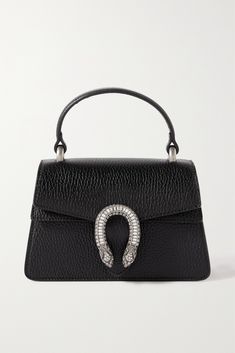 This super mini version of Gucci's iconic 'Dionysus' bag is sized to hold just the essentials, like your phone, cardholder, and lipstick. It's been crafted in Italy from textured-leather and can be carried by the structured top handle or silver-tone chain strap. Match your jewelry to the signature tiger head clasp, which is embellished with sparkling crystals. Black Gucci Bag, Gucci Dionysus Mini, Gucci Mini Bag, Expensive Handbags, Horsebit Loafers, Structured Top, Gucci Purse, Bag Obsession, Fancy Bags