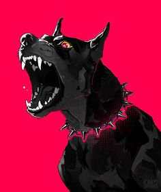 a black dog with its mouth open and spikes on it's back, against a pink background