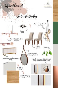the interior design board with different furniture and accessories