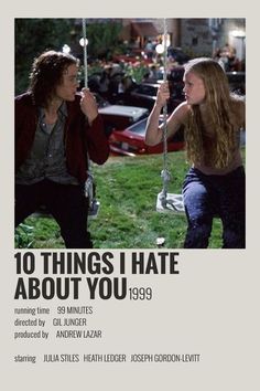 an advertisement for the movie 10 things i hate about you, featuring two people on a swing