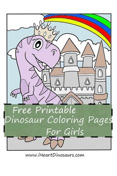 a purple dinosaur with a rainbow in the background text reads free printable dinosaur coloring pages for girls