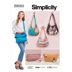 a woman standing in front of some purses and handbags with the words simpl city on it