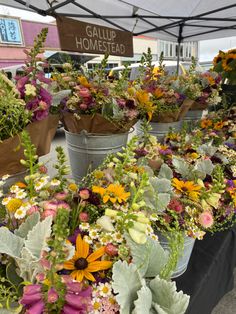 several buckets filled with different types of flowers under a white awning at an outdoor market