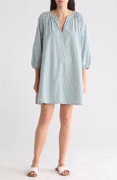 A stripe pattern adorns this easy cotton shift dress shaped by a V-neckline and elbow-length sleeves. Split neck 3/4 length sleeves Lined 100% cotton Machine wash, tumble dry Imported Model stats: 5'10" height, 32" bust, 25" waist, 36" hip. Model is wearing size small Chambray Tunic, Cotton Shift Dress, Fall 24, Fashion 2024, Daytime Dresses, Dress Shapes, Elbow Length Sleeve, Stripe Pattern, Dress Design