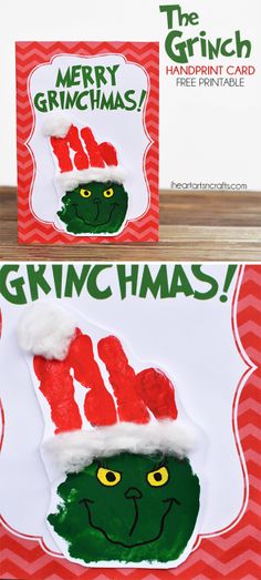 two handprinted christmas cards with the grin's face on them, one is green