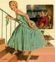 a woman in a green dress is walking down the stairs with a cane and man behind her