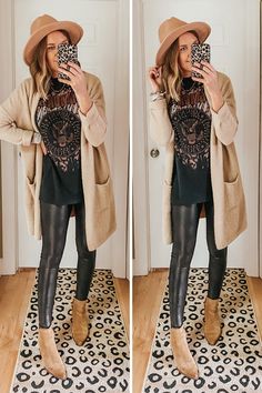 Casual Leather Leggings Outfit Fall, Fall Outfit With Leather Leggings, Leather Leggings Outfit Graphic Tee, Vegas Outfits For Women Over 30, Black Cheetah Leggings Outfit, Feminine Blouses For Women, Fall Outfits Faux Leather Leggings, Faux Leather Legging Outfits Casual, Cozy Fall Outfits For Work