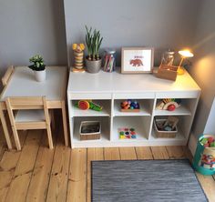 a toy room with toys and books on the shelves