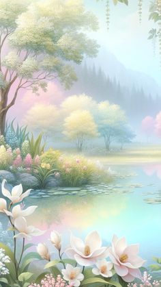 an artistic painting with flowers and trees on the water's edge, in pastel colors