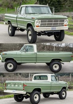 four different views of an old green pickup truck with flatbeds and big tires