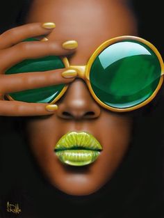 a painting of a woman's face with green lipstick and sunglasses