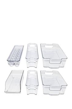 six plastic storage containers with lids and dividers on each side, set against a white background