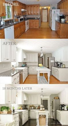 before and after pictures of a kitchen remodel with white cabinets, wood flooring and stainless steel appliances