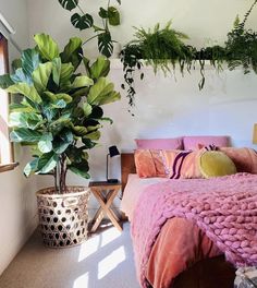 a bed with pink blankets and pillows next to a potted plant