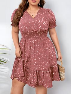 Redwood Casual Collar Short Sleeve Polyester Polka Dot A Line Embellished Non-Stretch  Plus Size Dresses Shirred Waist Dress, Plus Size Summer Dresses, Business Formal Dress, Blouse Lace, Modelos Plus Size, Vestidos Plus Size, Lace Styles, Formal Dresses Gowns, Looks Plus Size