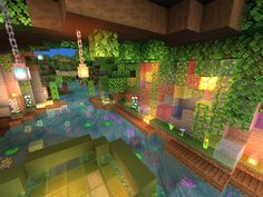 the inside of a minecraft house with lots of plants