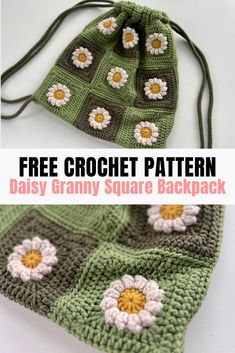 a crochet bag with flowers on it and the text overlay reads free crochet pattern daisy granny square backpack