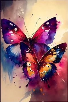 two colorful butterflies flying in the air with watercolor splashs on it's wings